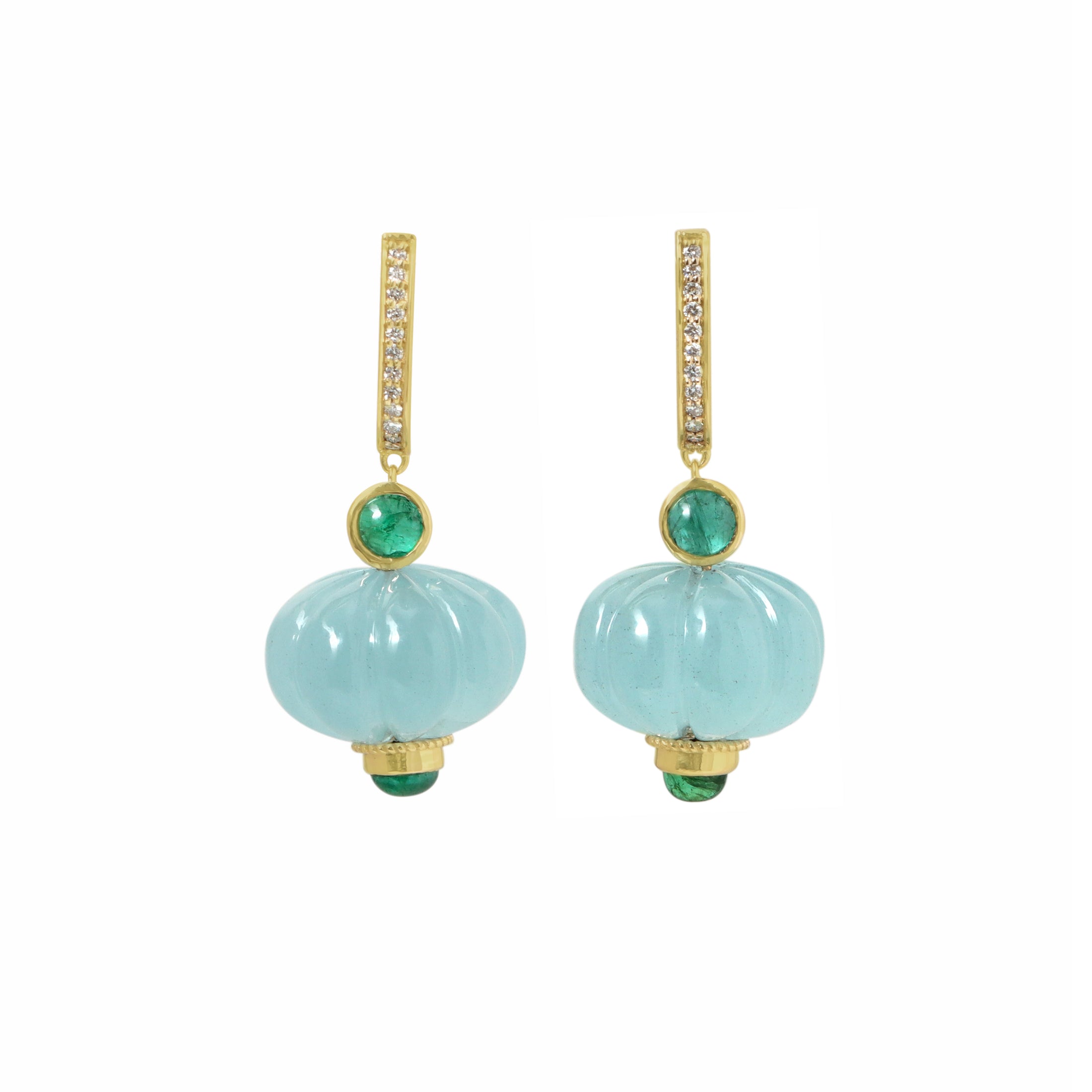 Natural Aquamarine and Emerald 14K gold earrings front view - NFJSD-1919