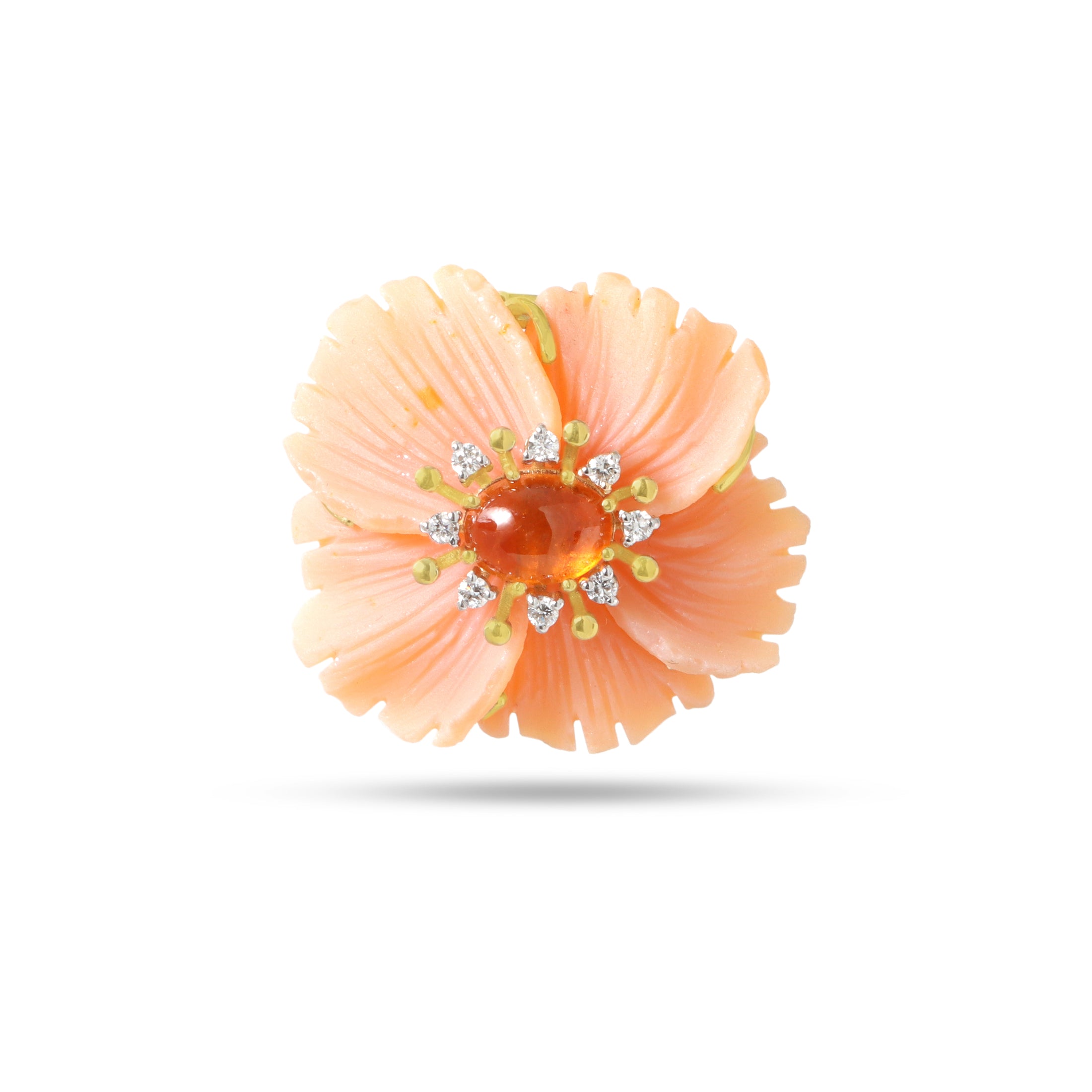 Natural Peach Opal and Spessartite 18K gold pendant on-hand view - NFJSD-1862