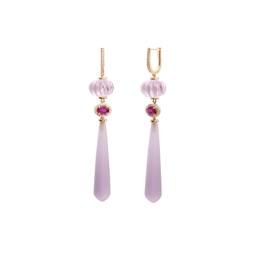 Natural Pink Amethyst and Ruby 14K gold earrings front view - NFJSD-2013