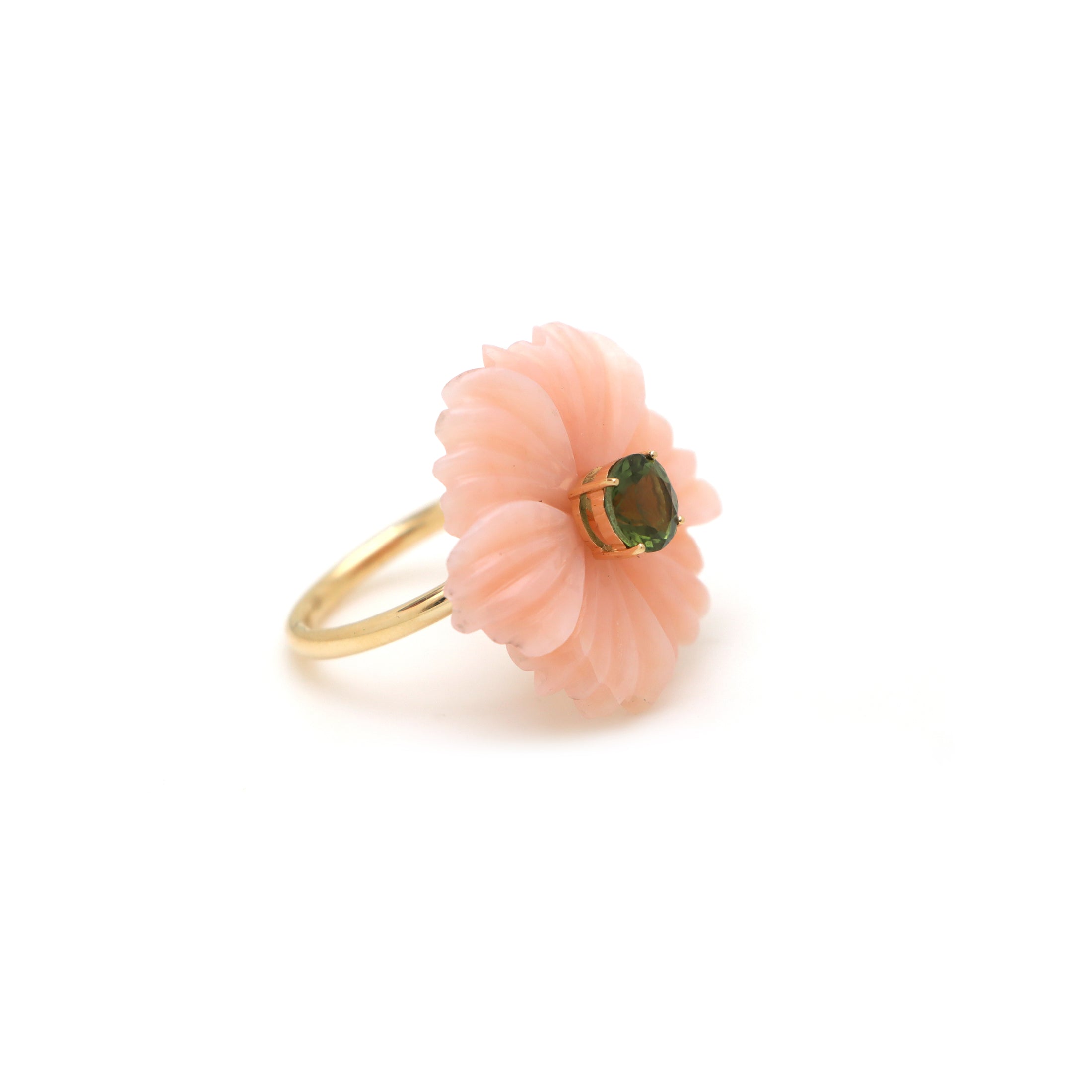 Natural Pink Opal and Green Tourmaline 14K gold ring back view - NFJSD-1569