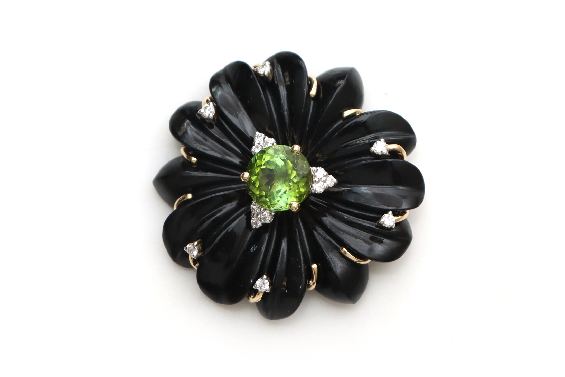 Natural Green Tourmaline Round Cut and Black Onyx Carving Flower 14K gold pendant front view - NFJSD-1207