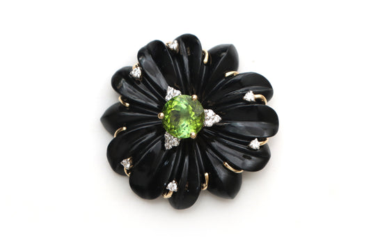 Natural Green Tourmaline Round Cut and Black Onyx Carving Flower 14K gold pendant front view - NFJSD-1207