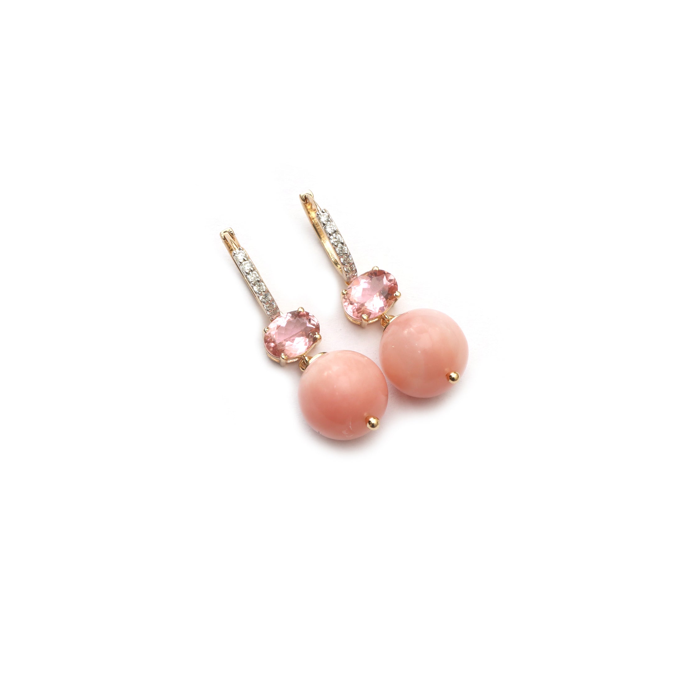 Natural Pink Opal and Pink Tourmaline 18K gold earrings front view - NFJSD-1925