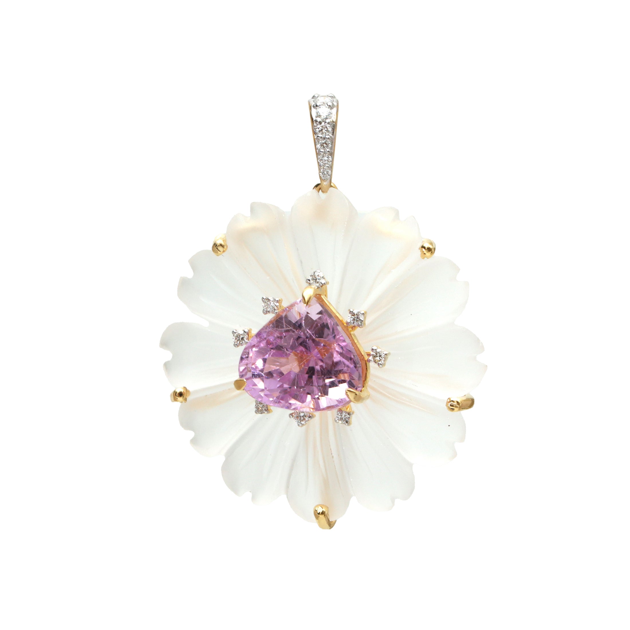 Natural Crystal Carving and Kunzite 18K gold pendant top view - NFJSD-1738