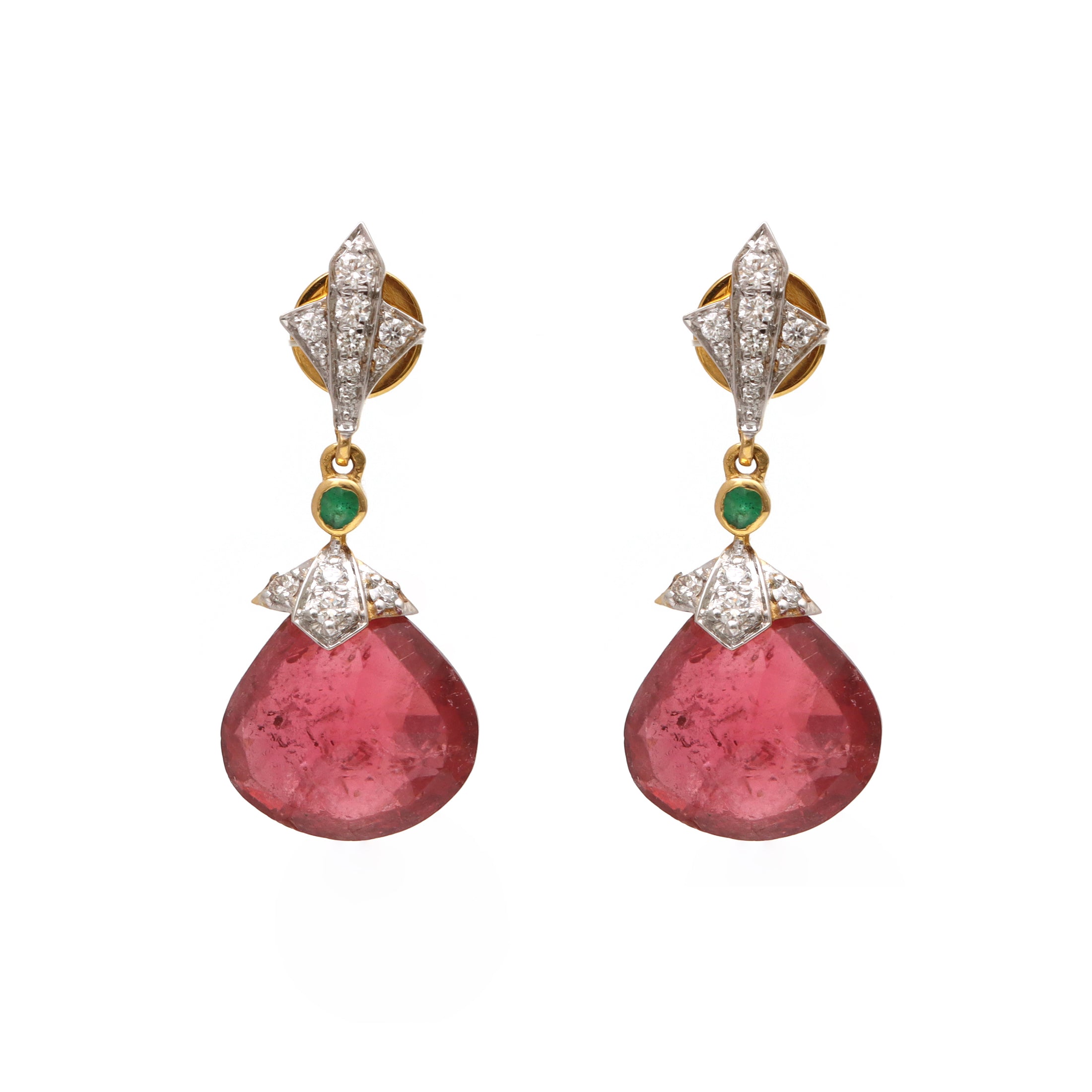 Natural Emerald and Tourmaline 18K gold earrings close-up detail - NFJSD-1617