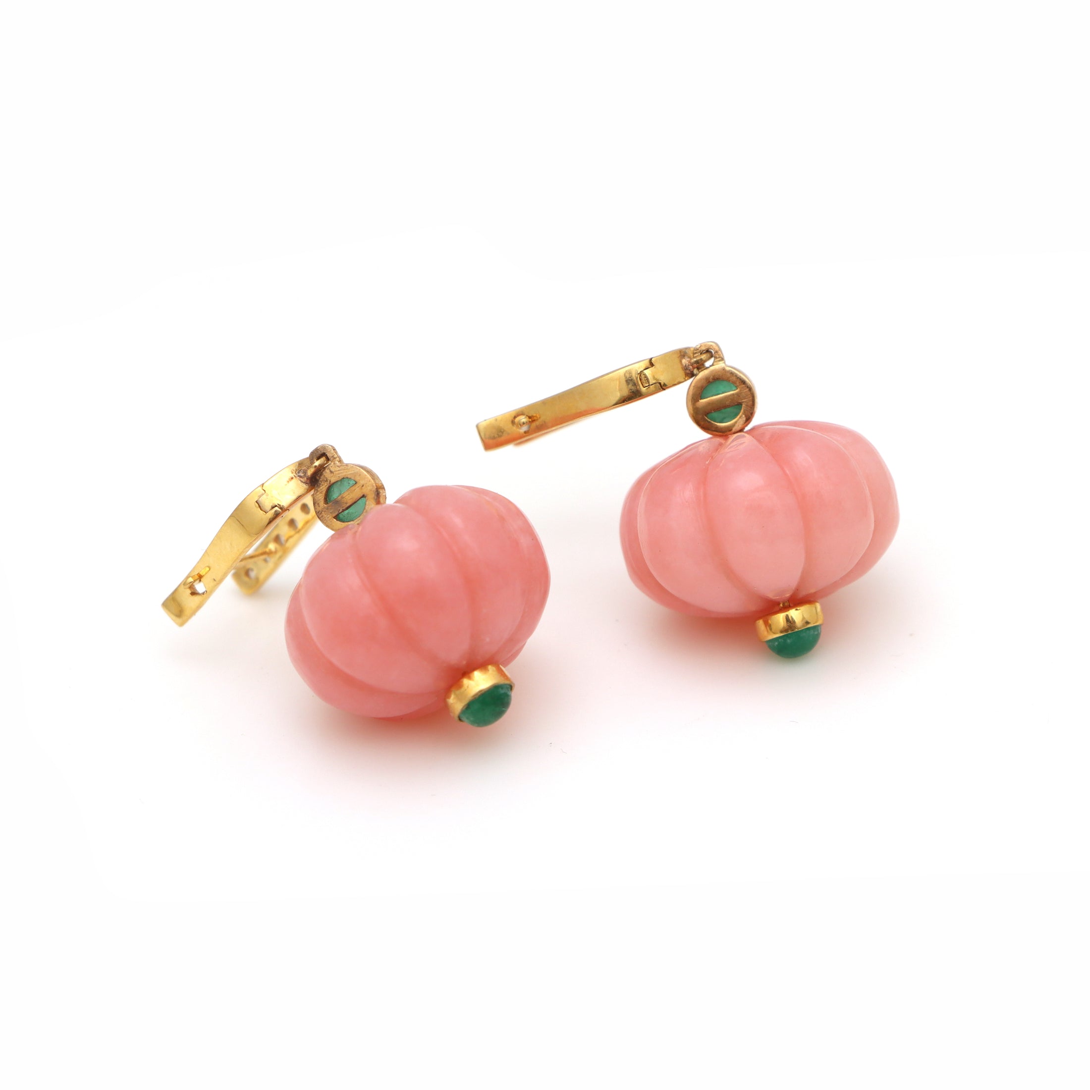 Natural Emerald Round Cabs and Pink Opal Carving Beads 14K gold earrings on-hand view - NFJSD-1335