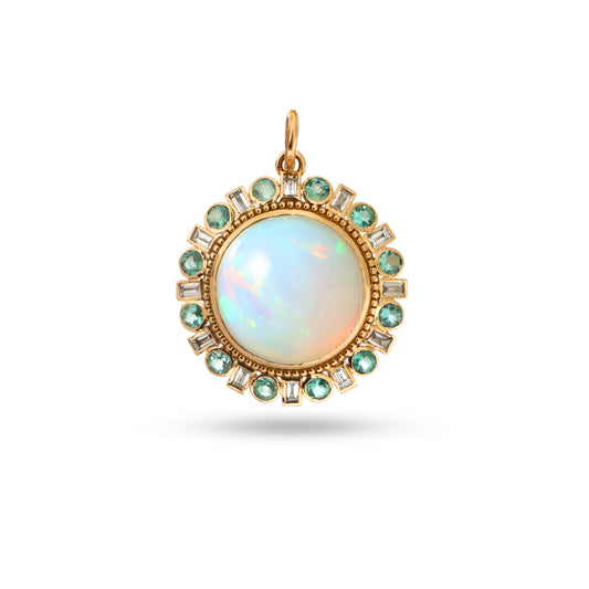 Natural Ethiopian Opal and Emerald 14K gold pendant front view - NFJSD-1924