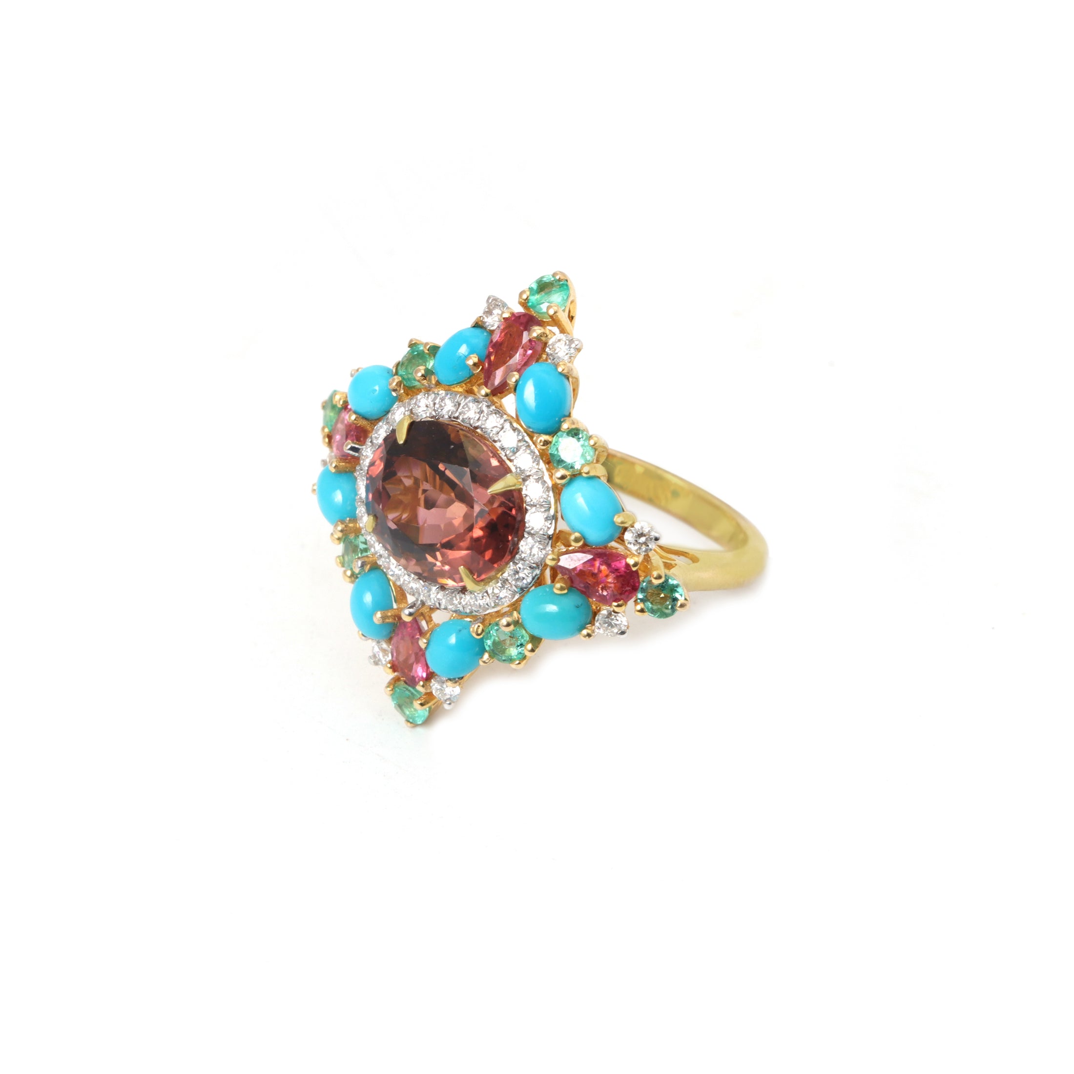 Natural Rubellite and Mix Tourmaline 18K gold ring on-hand view - NFJSD-1628