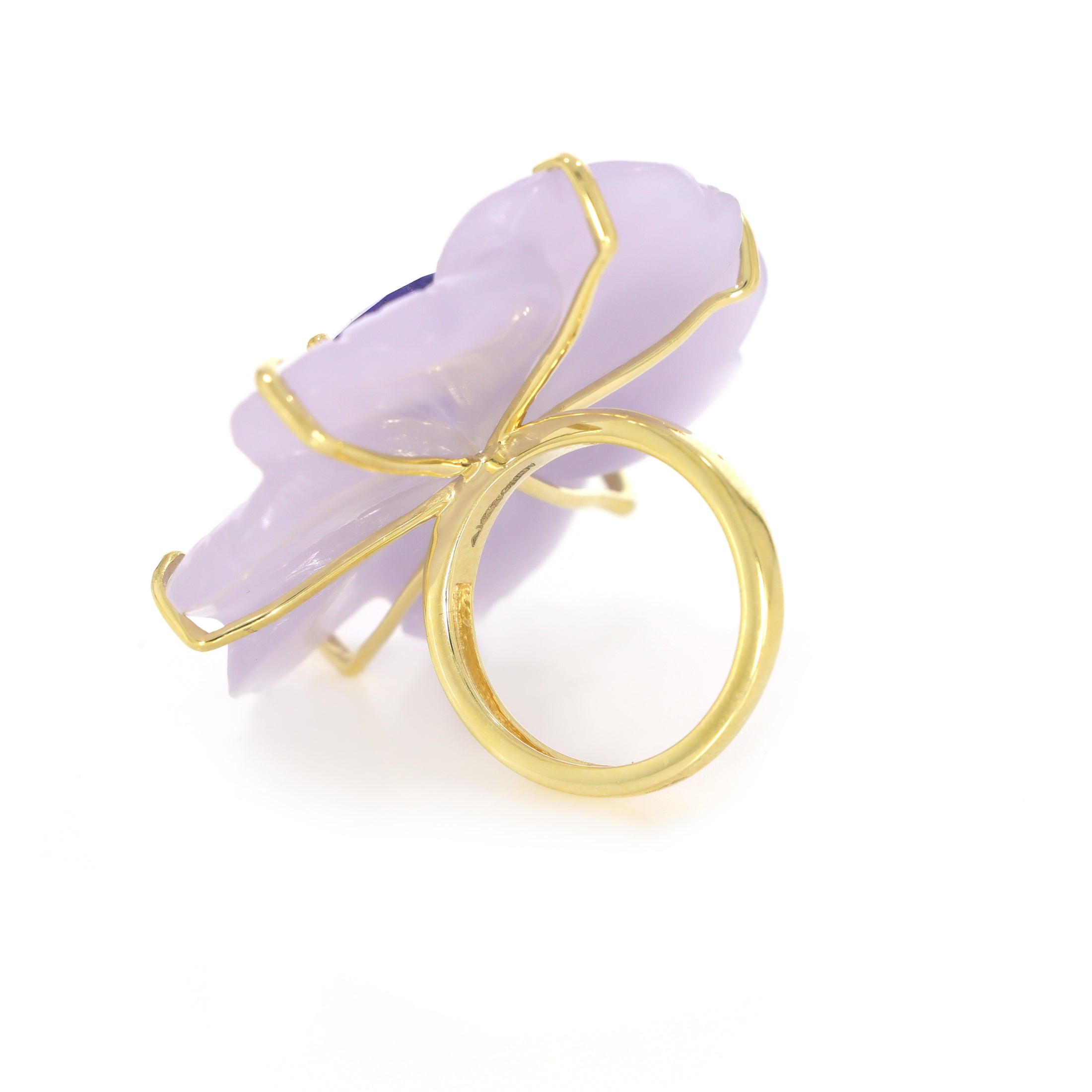 Natural Tanzanite Round Cab and Yttrium Fluorite Carving Flower 14K gold ring top view - NFJSD-1262