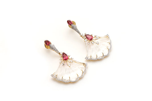 Natural Tourmaline Mix Cut and Crystal Carving Leaf 14K gold earrings front view - NFJSD-1129
