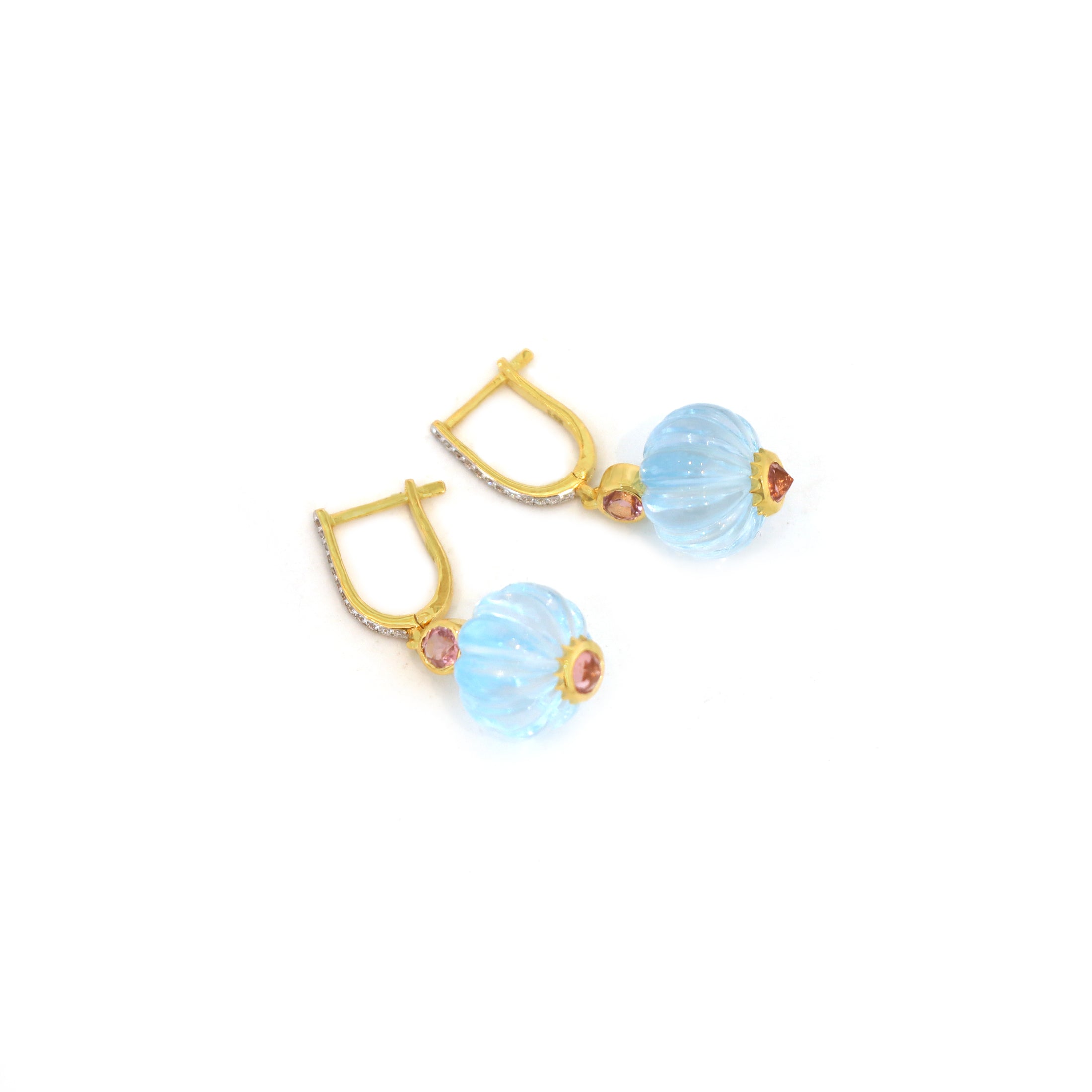 Natural Sky Blue Topaz and Tourmaline 14K gold earrings close-up detail - NFJSD-1815