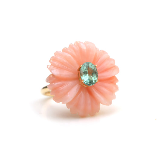 Natural Pink Opal and Tourmaline Oval 14K gold ring front view - NFJSD-1567