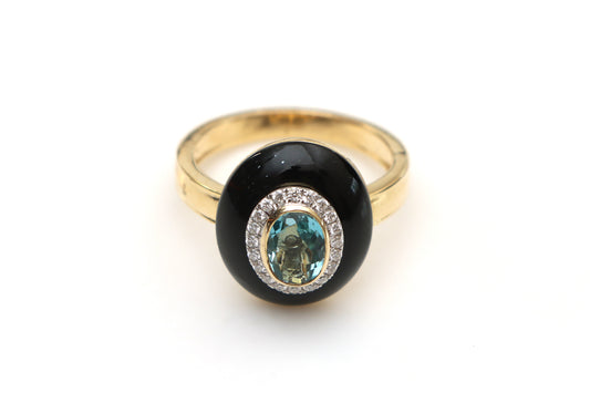 Natural Black Onyx and Tourmine 14K gold ring front view - NFJSD-1328