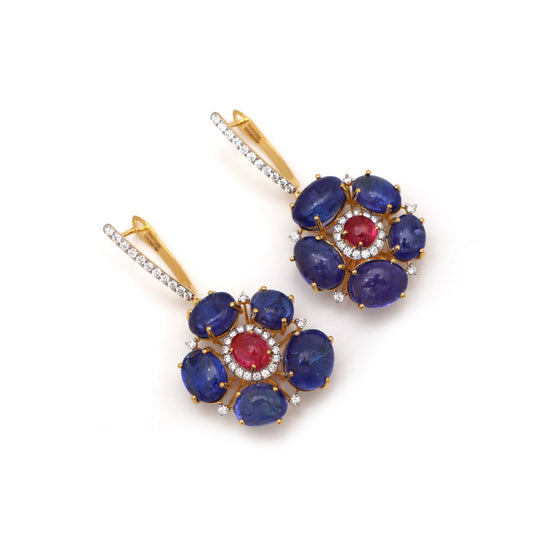 Natural Tourmaline and Tanzanite 18K gold earrings front view - NFJSD-1582