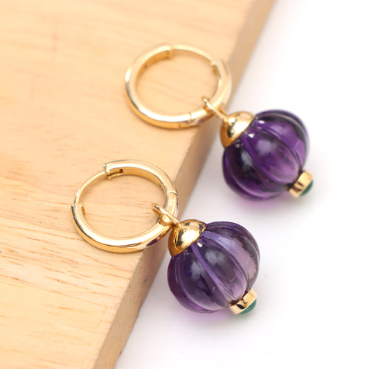Natural Amethyst Carving and Emerald Cab 14K gold earrings side angle - NFJSD-1008