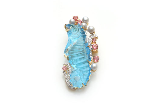Natural Swiss Blue Topaz Carving Seahorse and Pearl Smooth Balls 14K gold brooch front view - NFJSD-1181