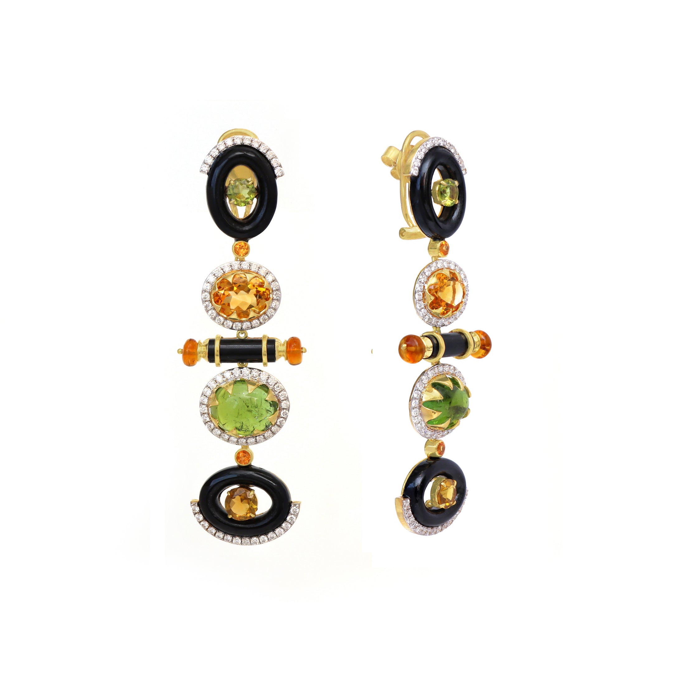 Natural Black Onyx and Tourmaline 18K gold earrings on-hand view - NFJSD-1786
