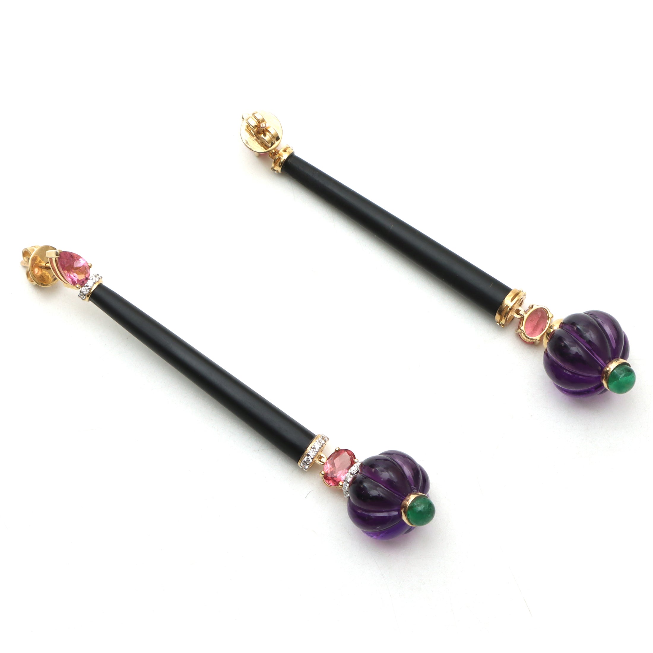 Natural Amethyst Carving Balls and Black Onyx Carving 14K gold earrings top view - NFJSD-1032