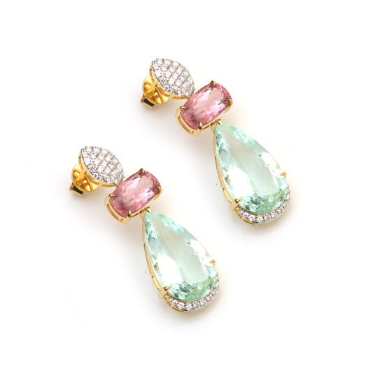 Natural Aquamarine and Tourmaline 18K gold earrings front view - NFJSD-1534
