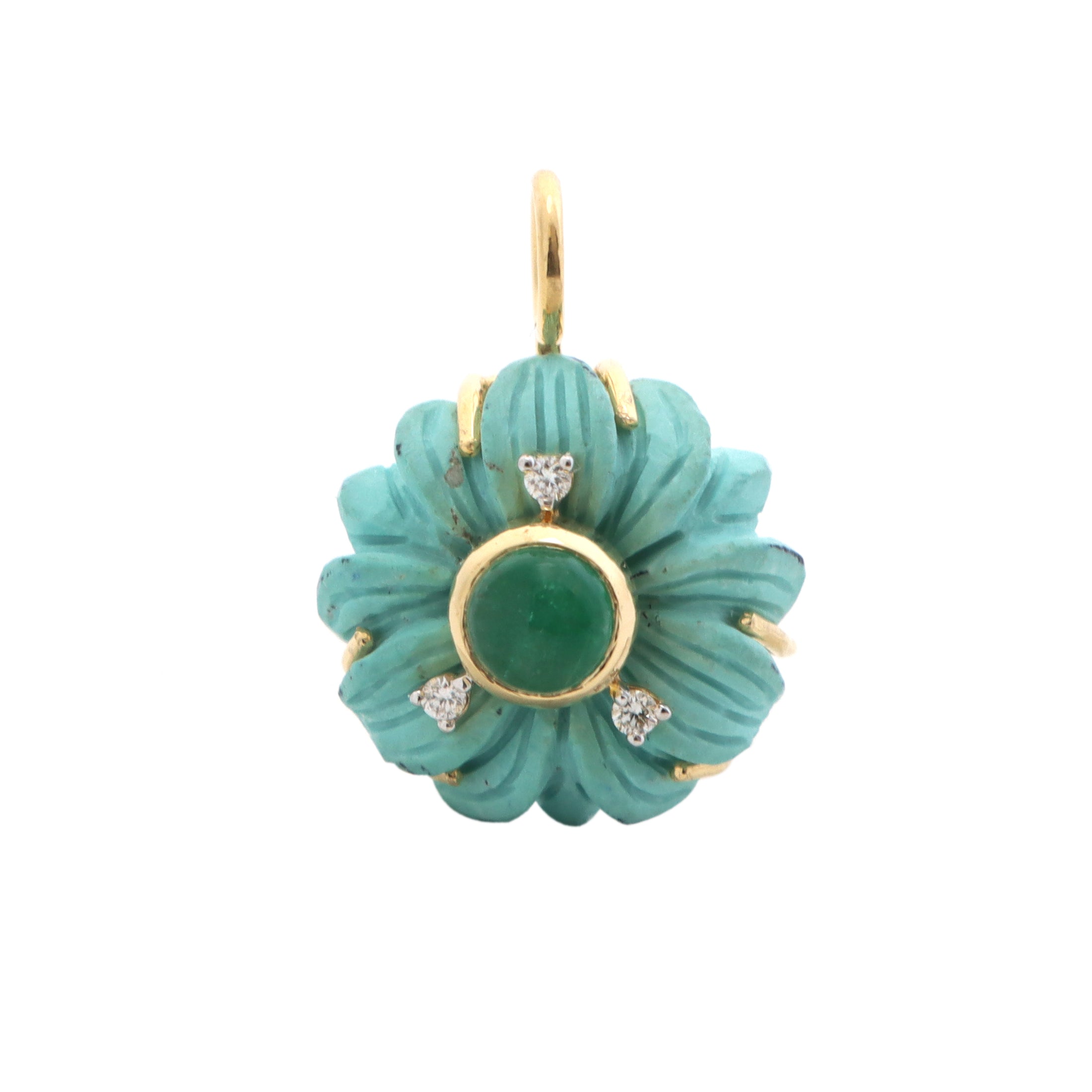 Natural Emerald Round Cabs and Turquoise Flower Carving 14K gold charm close-up detail - NFJSD-1240