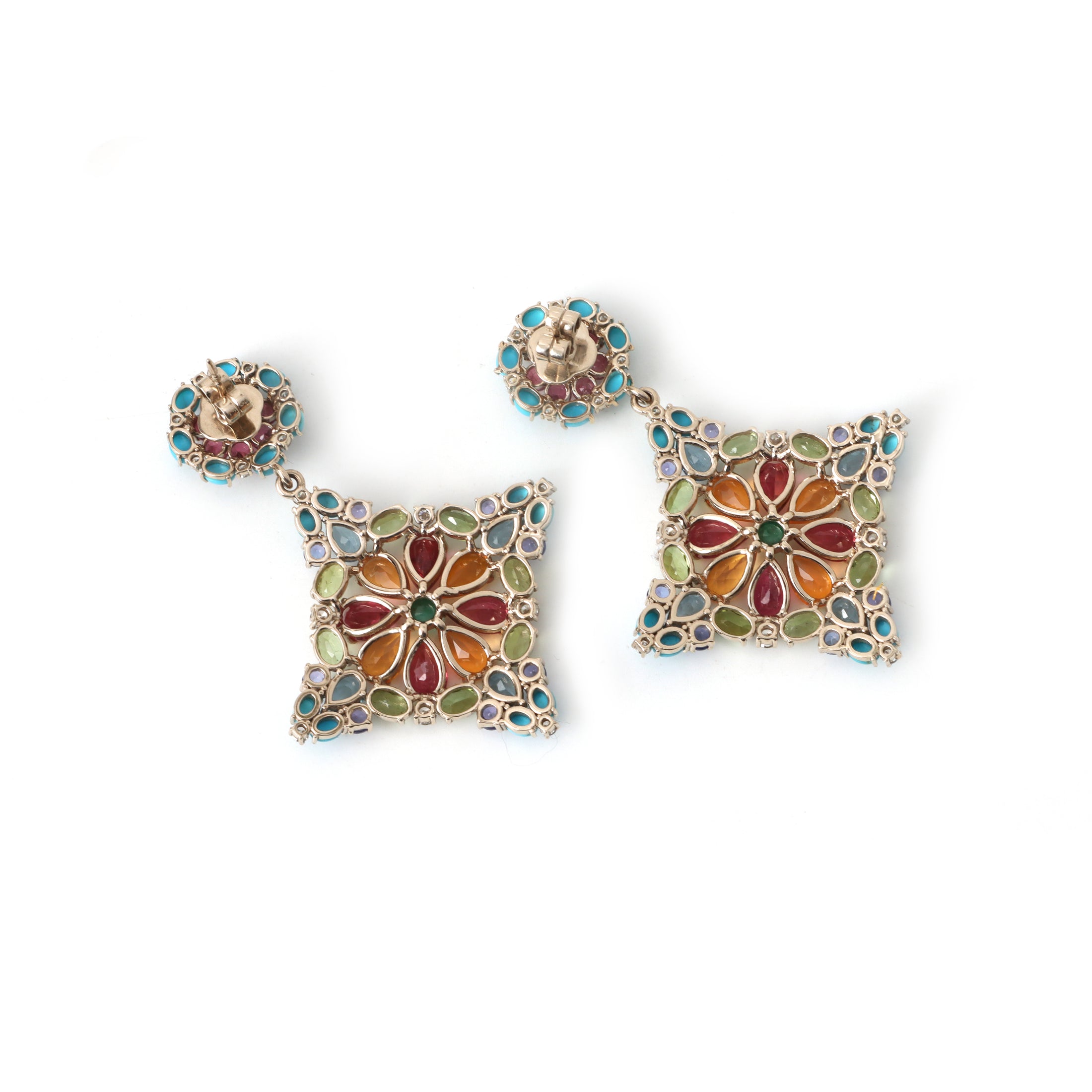 Natural Mix Tourmaline and Turquoise & Tanzanite 18K gold earrings close-up detail - NFJSD-1921