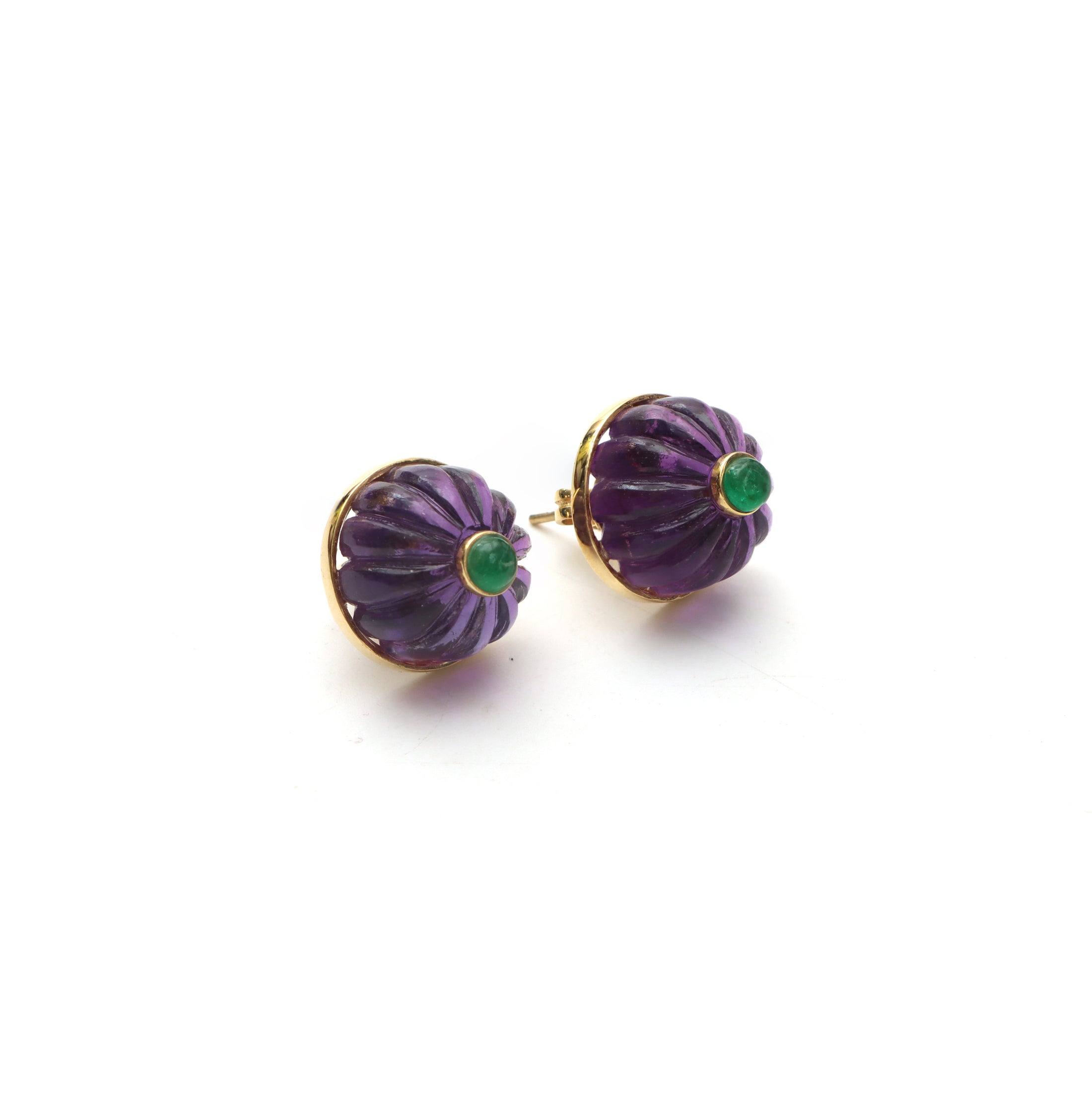 Natural Amethyst Carving Balls and Emerald Round Cabs 14K gold earrings side angle - NFJSD-1031