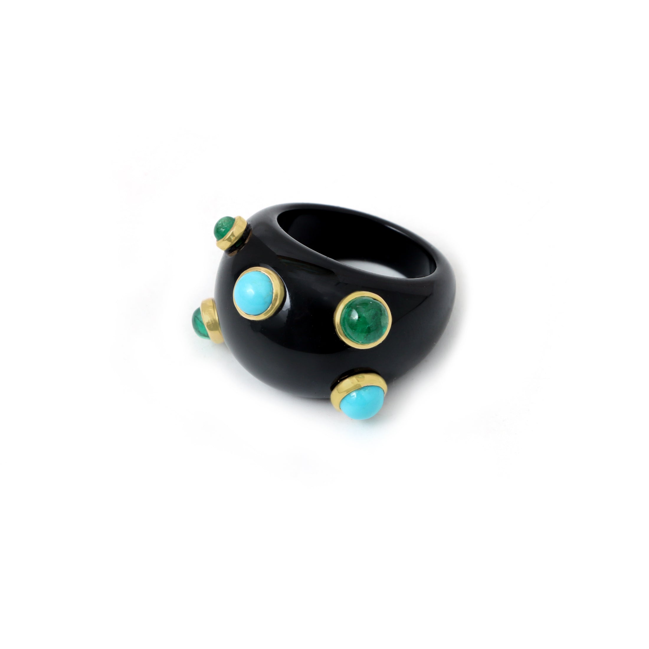 Natural Black Onyx and Turquoise & Emerald 14K gold ring back view - NFJSD-1858