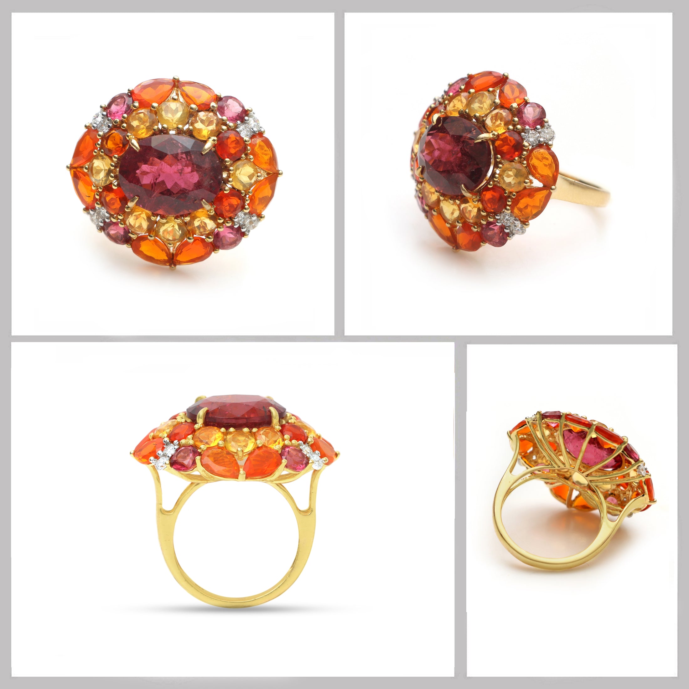 Natural Mexican fire opal and Tourmaline 18K gold ring top view - NFJSD-1841