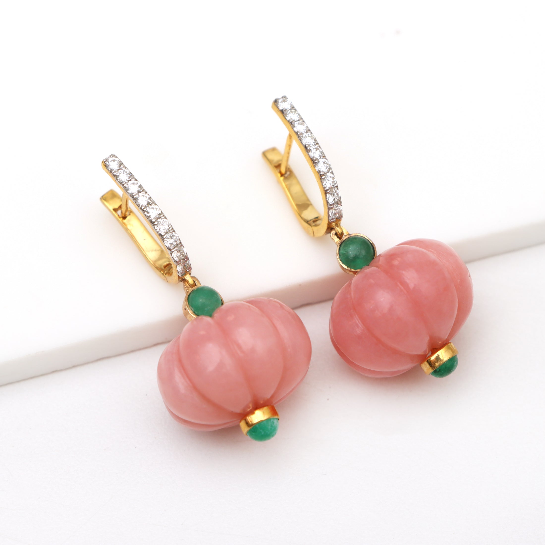 Natural Emerald Round Cabs and Pink Opal Carving Beads 14K gold earrings top view - NFJSD-1335