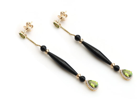 Natural Black Onyx  Smooth Tube and Green Tourmaline 14K gold earrings front view - NFJSD-1073
