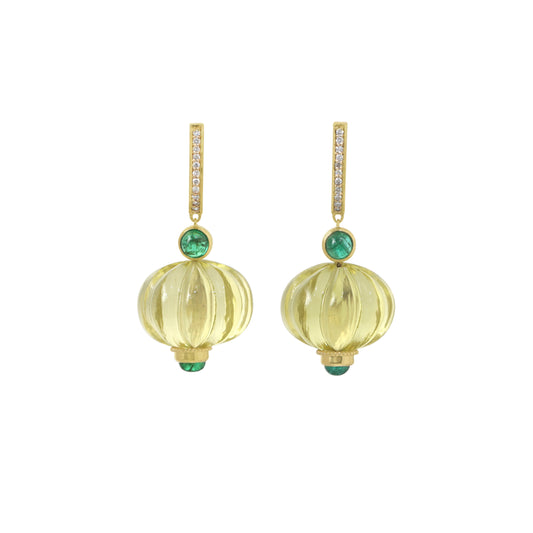Natural Lemon Quartz and Emerald 14K gold earrings front view - NFJSD-1933