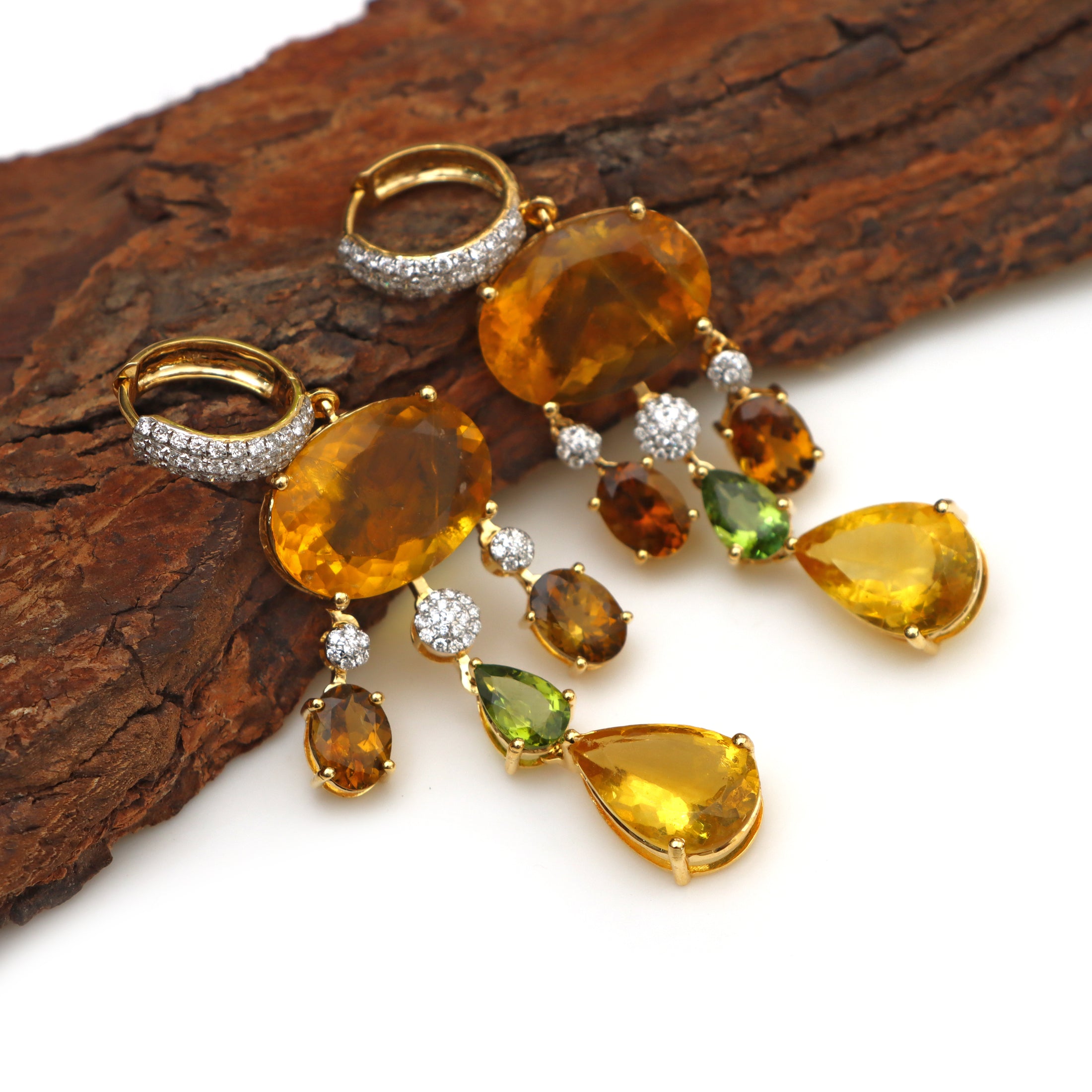Natural Tourmaline and Yellow Fluorite 18K gold earrings on-hand view - NFJSD-1581