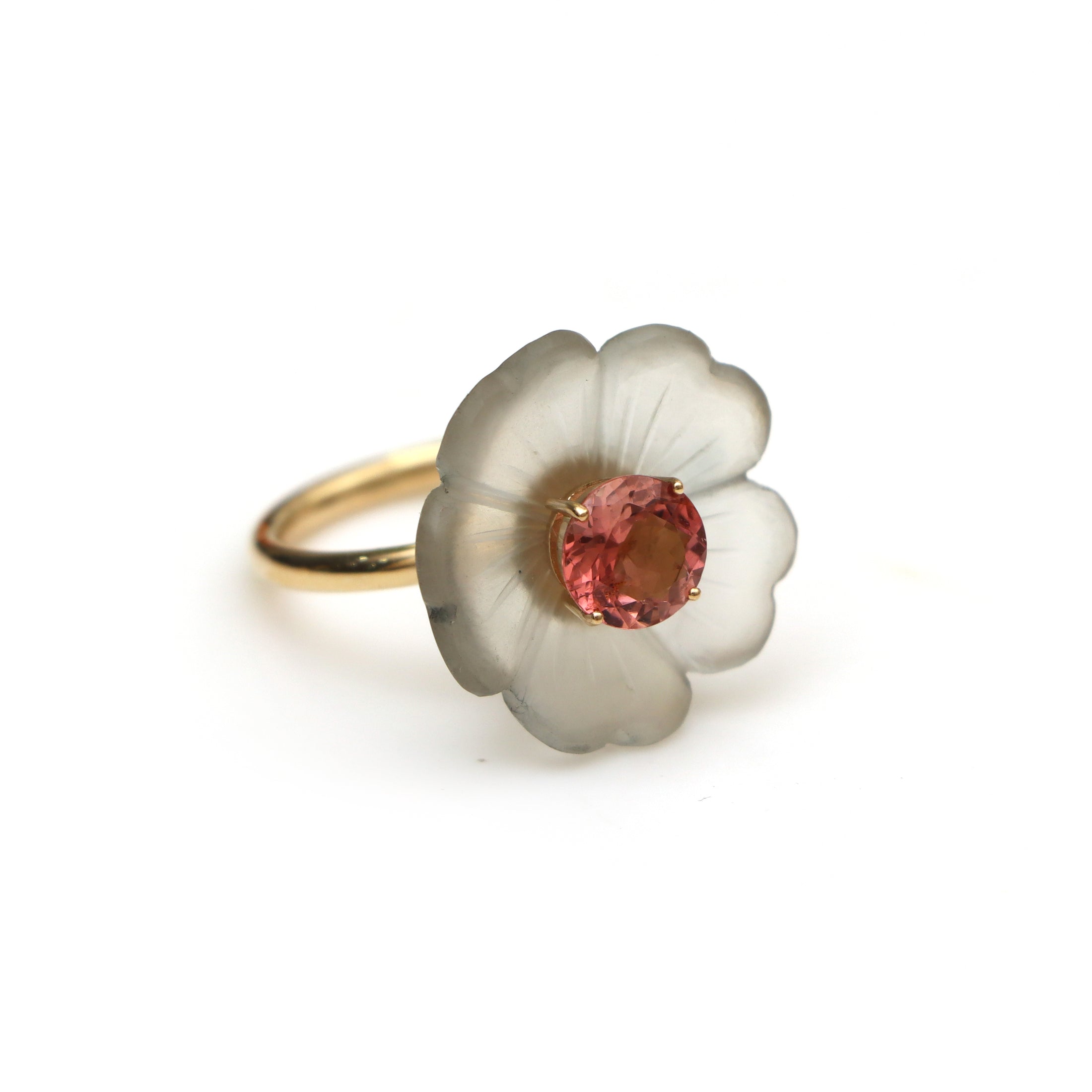 Natural Crystal Carving and Pink Tourmaline 14K gold ring front view - NFJSD-1621