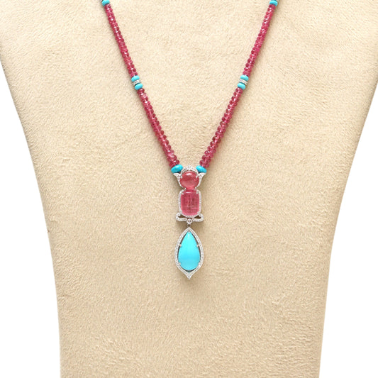 Natural Turquoise and Tourmaline 18K gold necklace side angle - NFJSD-1960