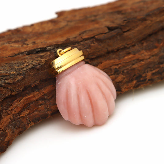 Natural Pink Opal Carving Shall 14K gold charm side angle - NFJSD-1337