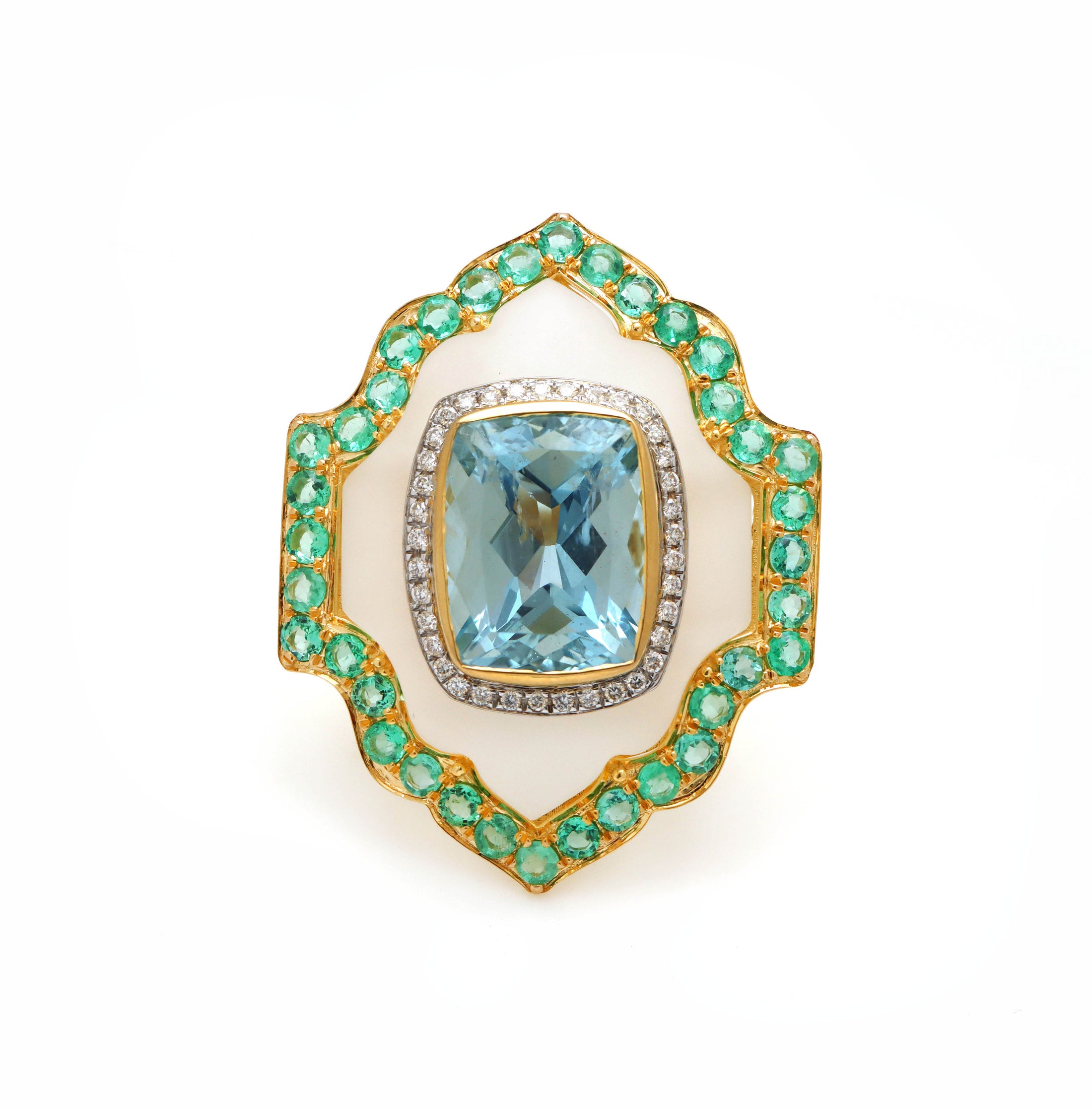 Natural Crystal and Aquamarine 18K gold ring front view - NFJSD-1596