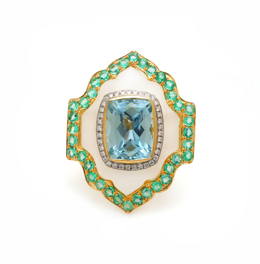 Natural Crystal and Aquamarine 18K gold ring front view - NFJSD-1596