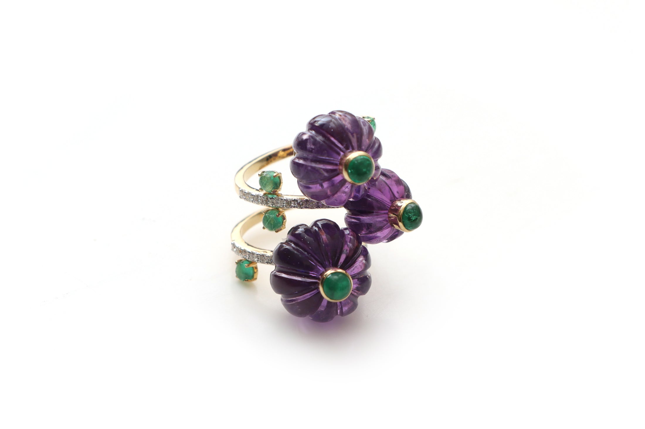 Natural Emerald Round Cut and Amethyst Carving Beads 14K gold ring front view - NFJSD-1325