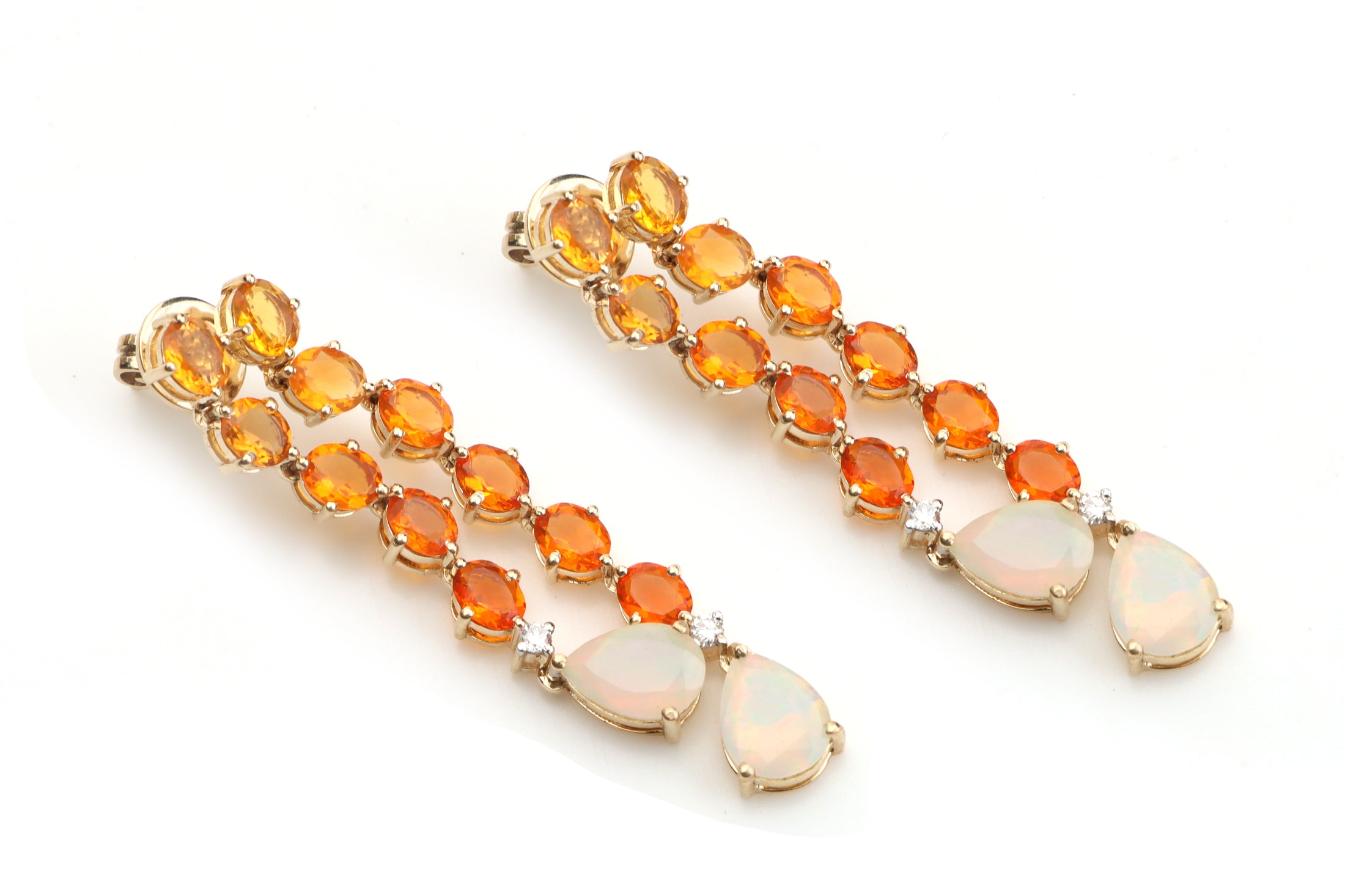Natural Fire Opal Oval Cut and Ethiopian Opal Pear Cut 14K gold earrings front view - NFJSD-1071