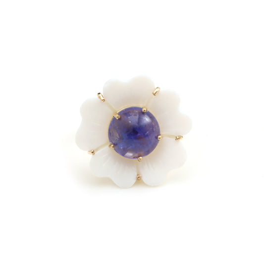 Natural Tanzanite Round Cab and White Agate Carving Flower 14K gold ring front view - NFJSD-1244
