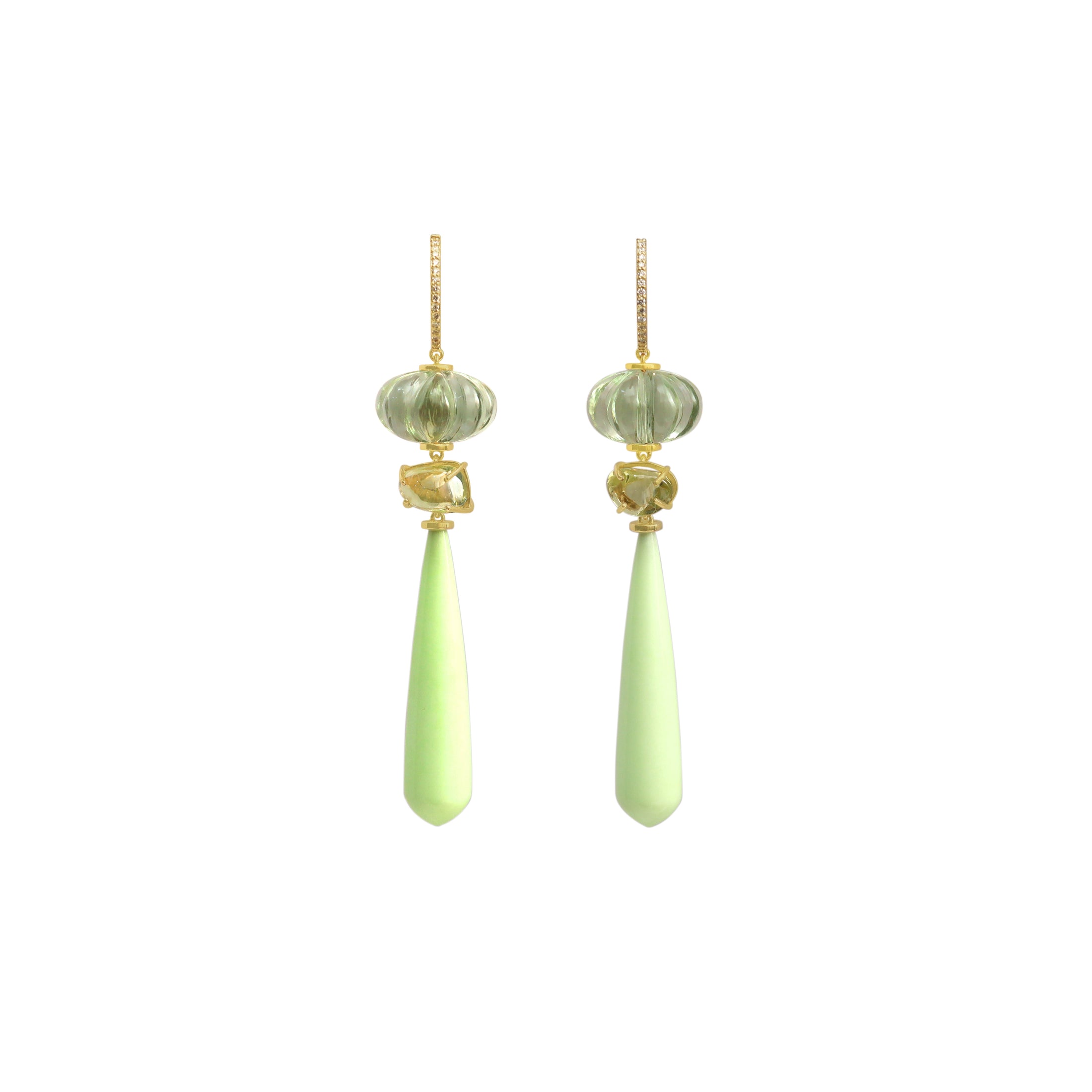 Natural Gaspeite and Green Amethyst 14K gold earrings front view - NFJSD-2019