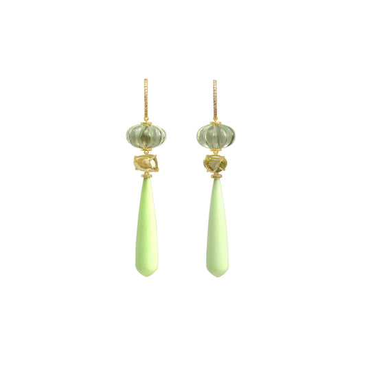 Natural Gaspeite and Green Amethyst 14K gold earrings front view - NFJSD-2019