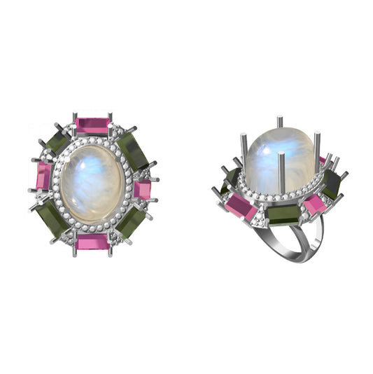 Natural Opal and Tourmaline 18K gold ring front view - NFJSD-1698