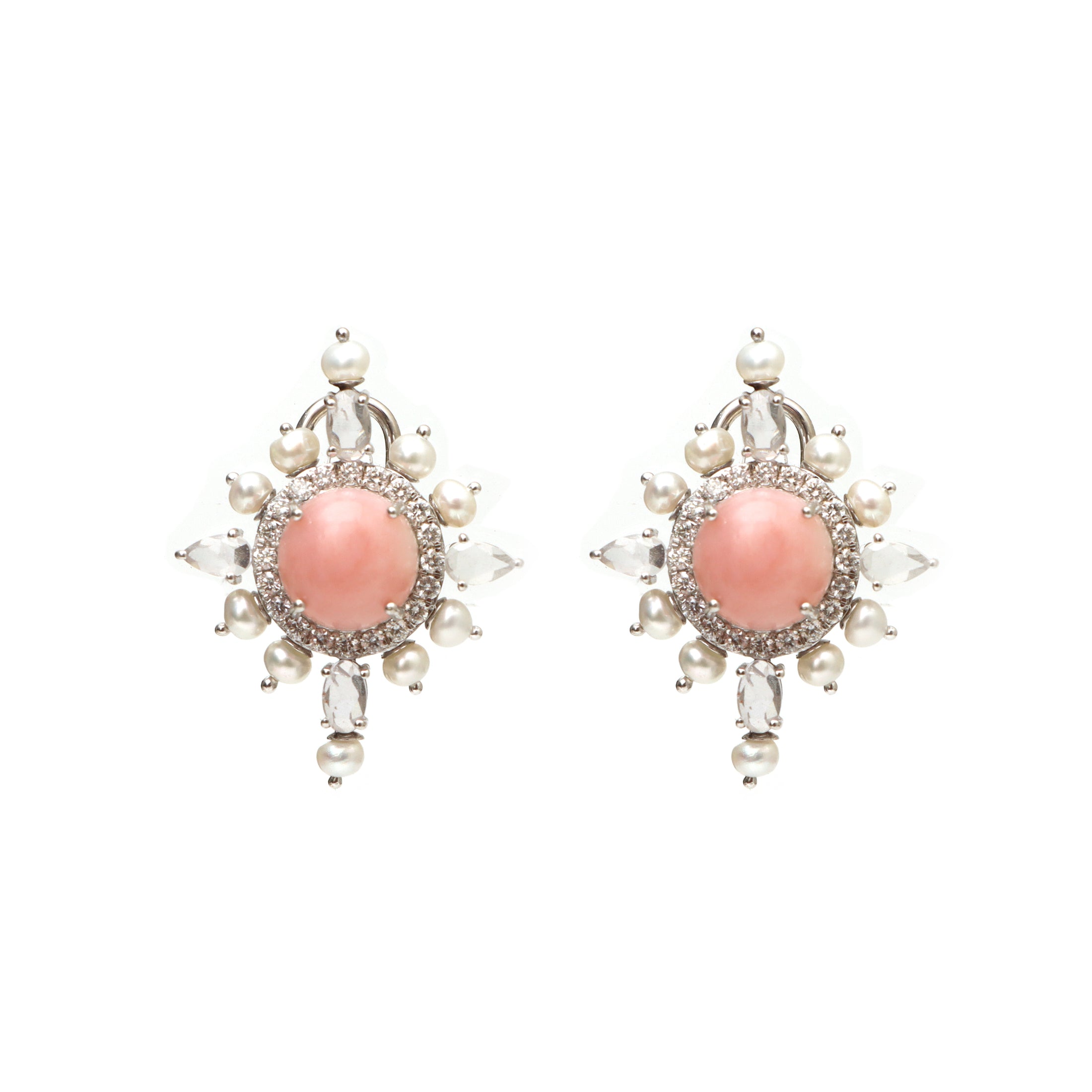 Natural Pearl Smooth Balls and Pink Opal Round Cab 14K gold earrings front view - NFJSD-1279