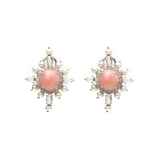 Natural Pearl Smooth Balls and Pink Opal Round Cab 14K gold earrings front view - NFJSD-1279