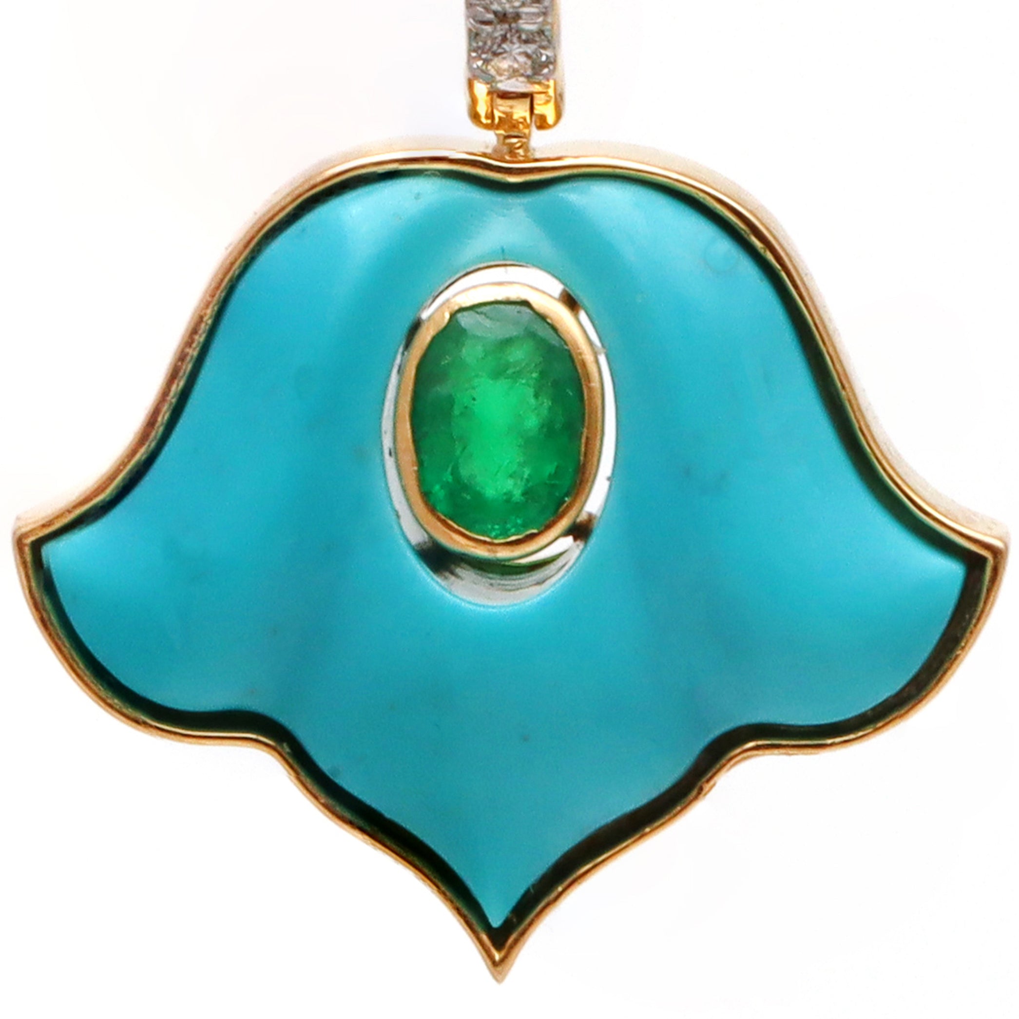 Natural Turquoise and Emerald 18K gold earrings back view - NFJSD-1692