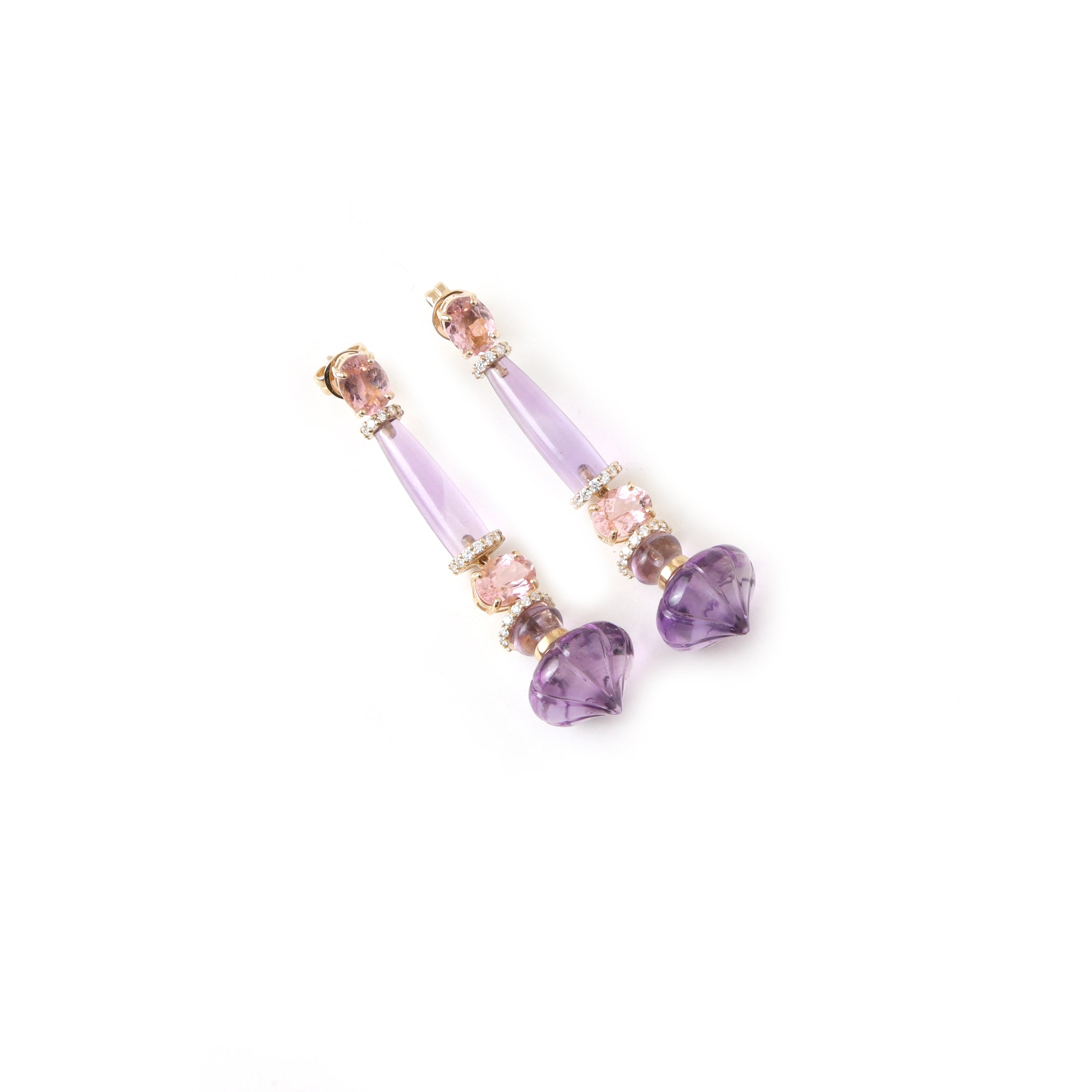 Natural Amethyst and Pink Tourmaline 14K gold earrings close-up detail - NFJSD-1984