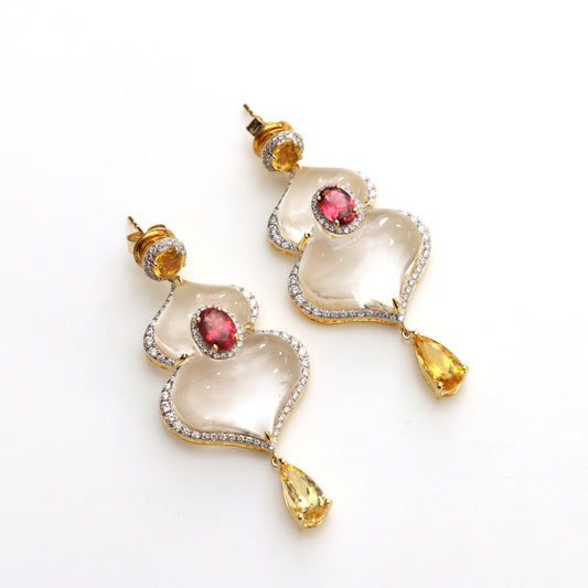 Natural Aquamarine and Crystal Carving 14K gold earrings side angle - NFJSD-1469