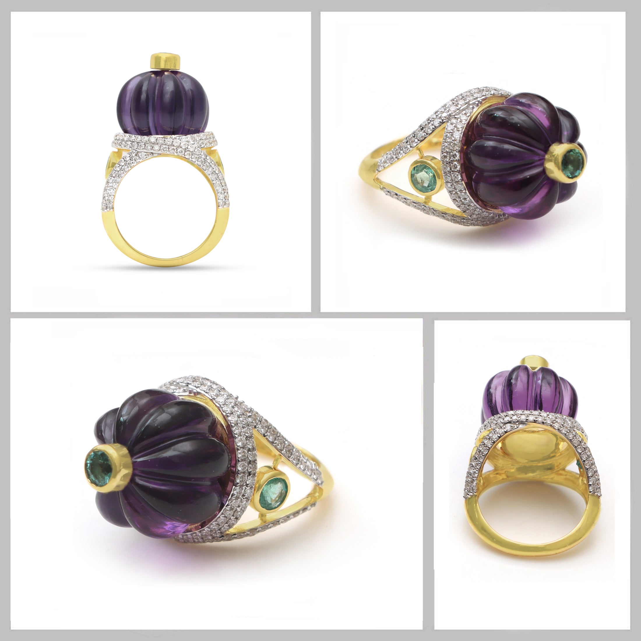 Natural Amethyst and Emerald 14K gold ring side angle - NFJSD-1832