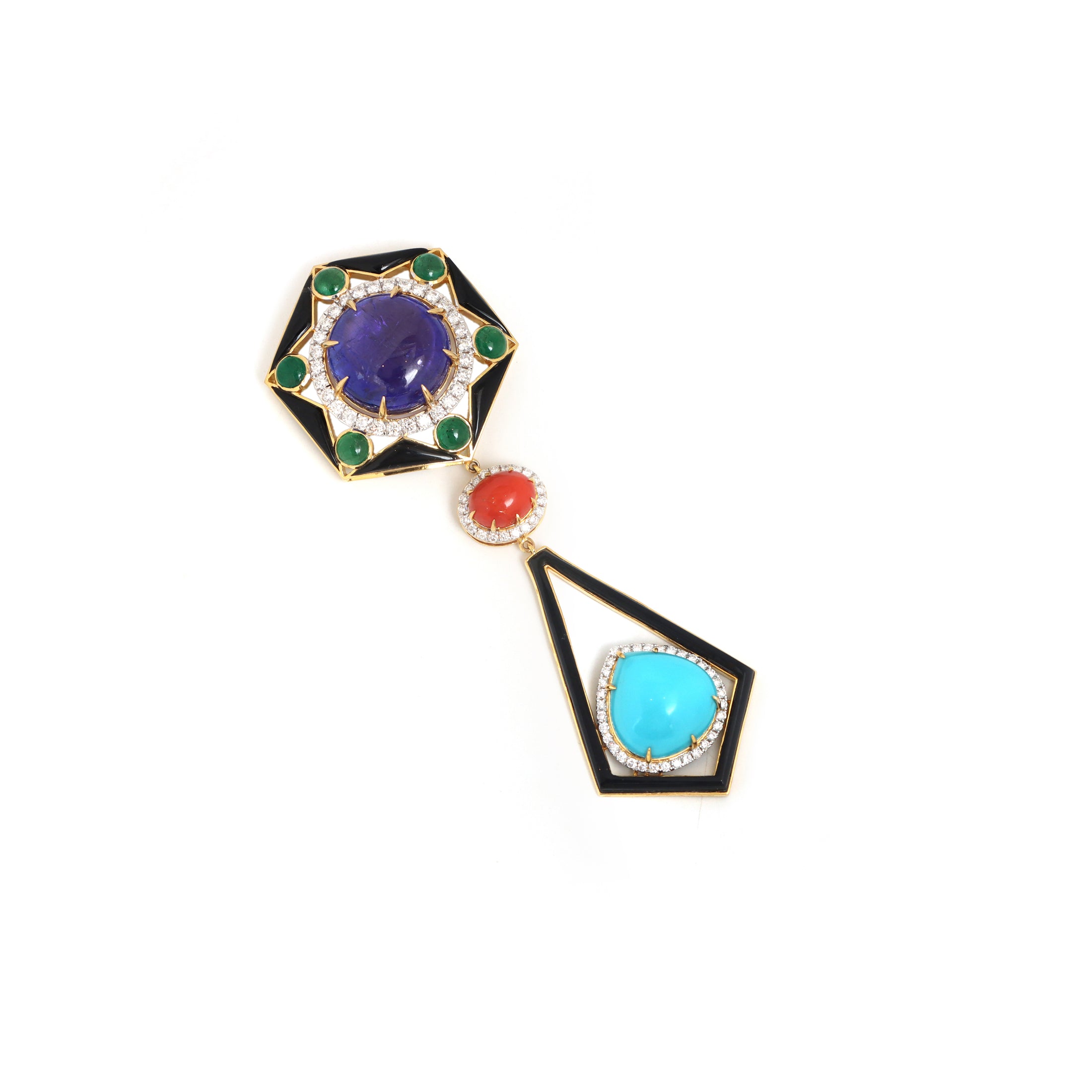 Natural Black Onyx and Coral 18K gold pendant top view - NFJSD-1821